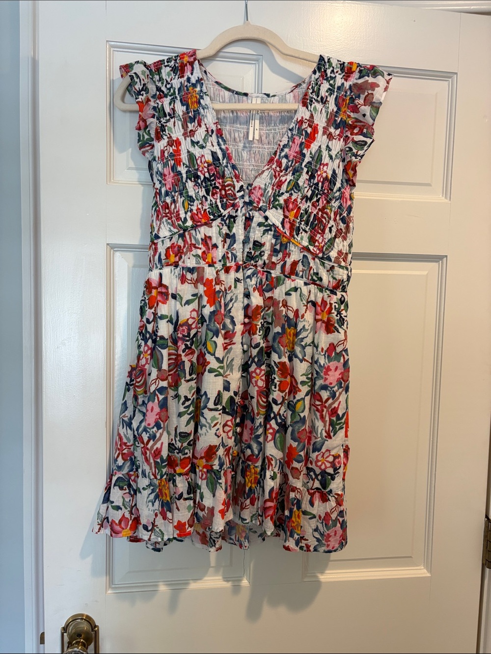 Anthropologie White Floral Smocked V-Neck Dress with Multicolor Blooms